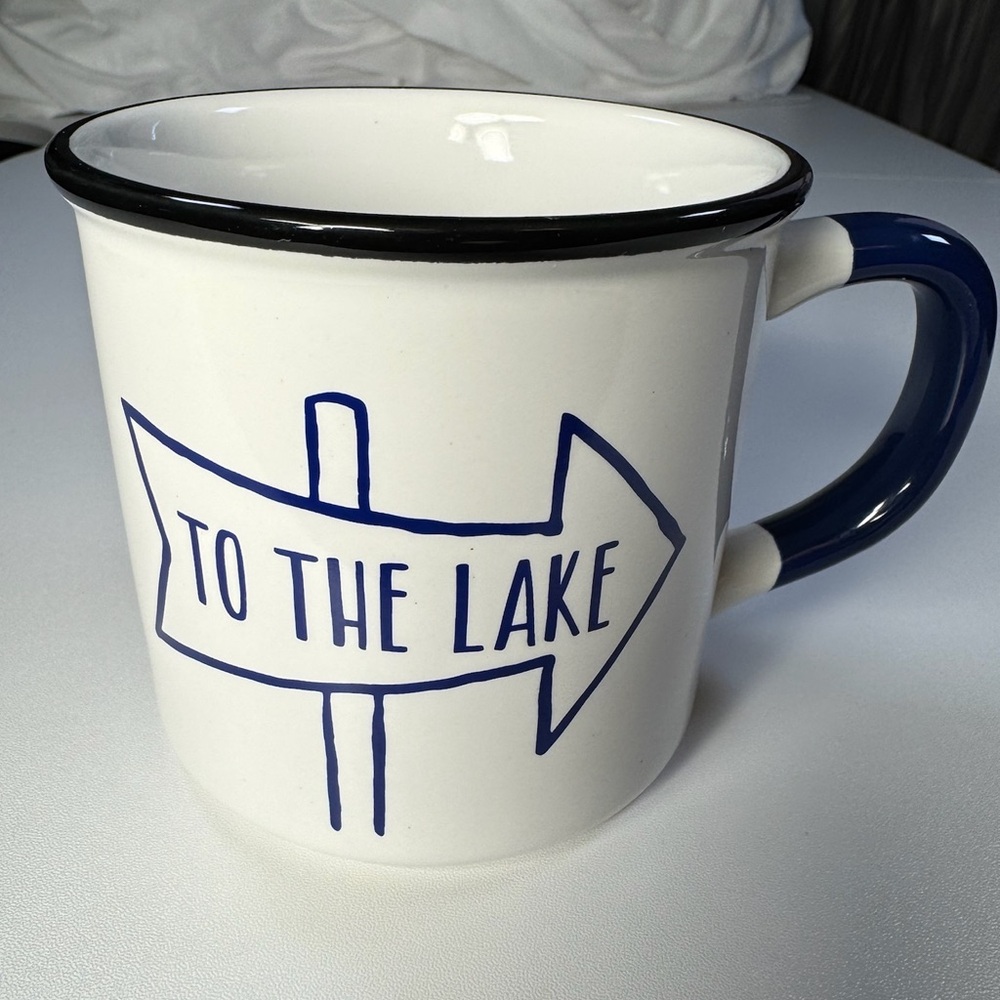 To the lake Indigo ceramic mug.  NEW. White and Navy